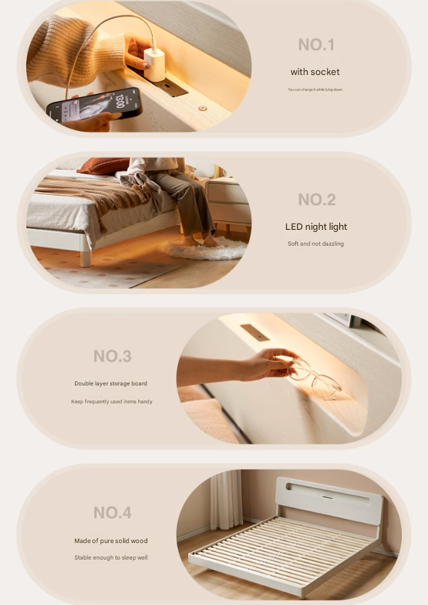 Oak Solid Wood Bed Cream Suspension Bed Luminous