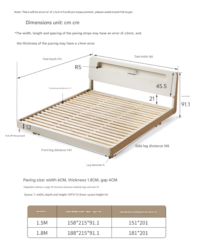 Oak Solid Wood Bed Cream Suspension Bed Luminous