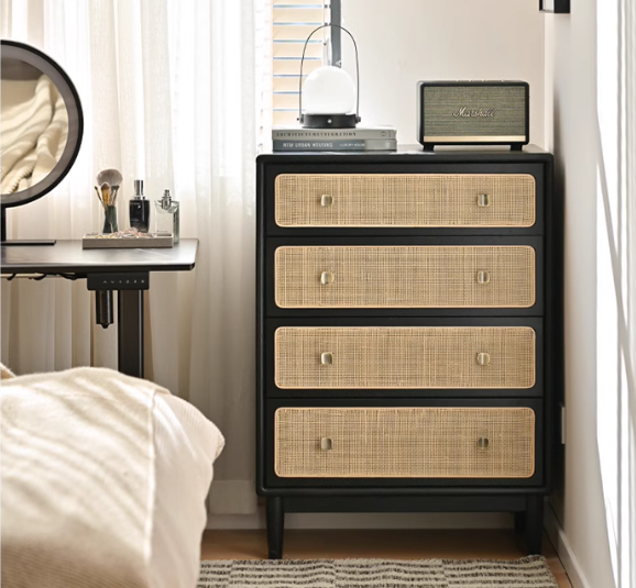 Oak Solid Wood Cabinet Modern Rattan Four Drawers.