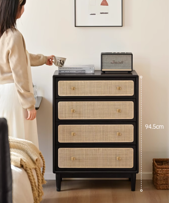 Oak Solid Wood Cabinet Modern Rattan Four Drawers.