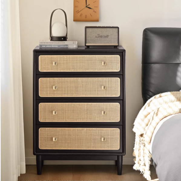 Oak Solid Wood Cabinet Modern Rattan Four Drawers.
