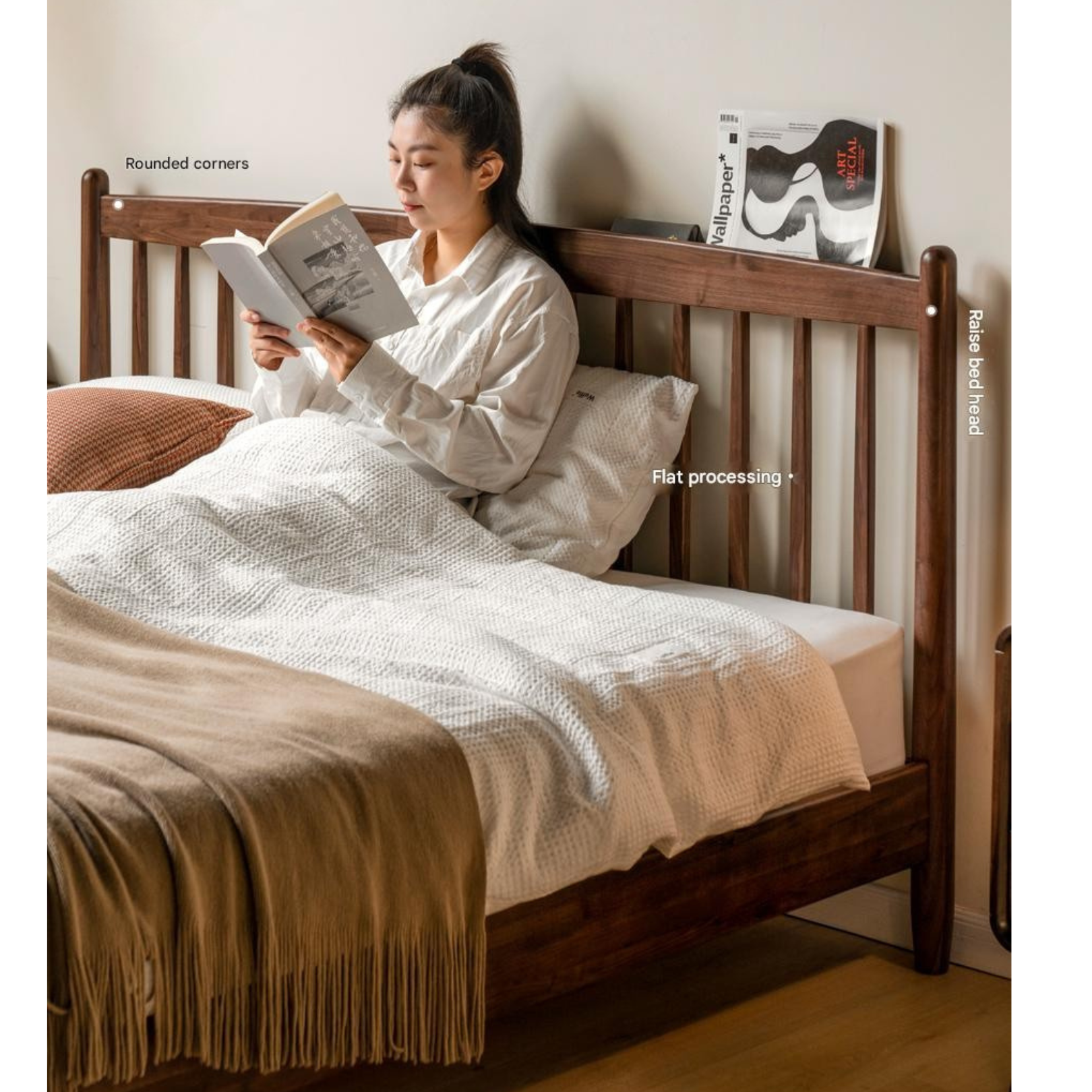 Black Walnut, Poplar Solid Wood Bed in Modern Casual Scandinavian Style