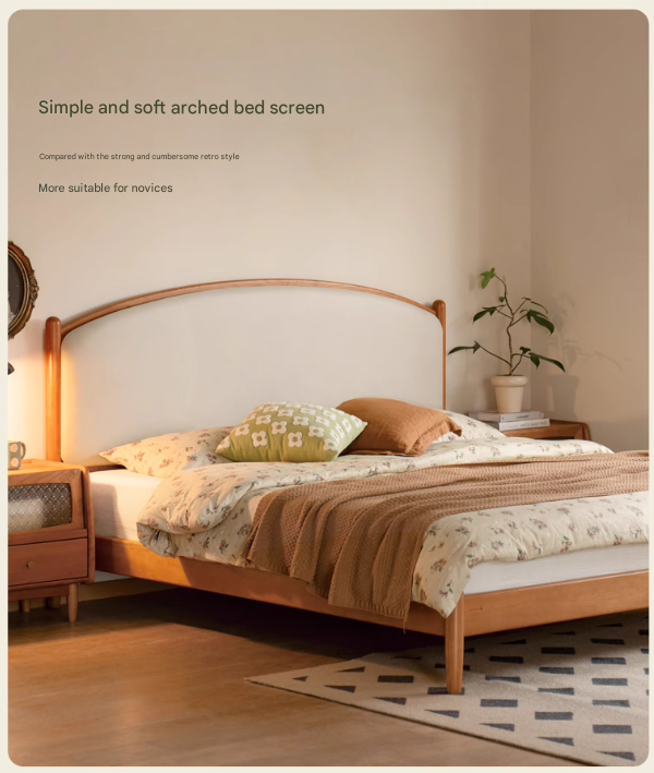 Cherry Solid Wood Bed Technology Сloth Cream Style