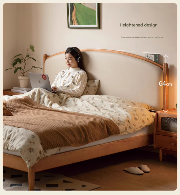 Cherry Solid Wood Bed Technology Сloth Cream Style