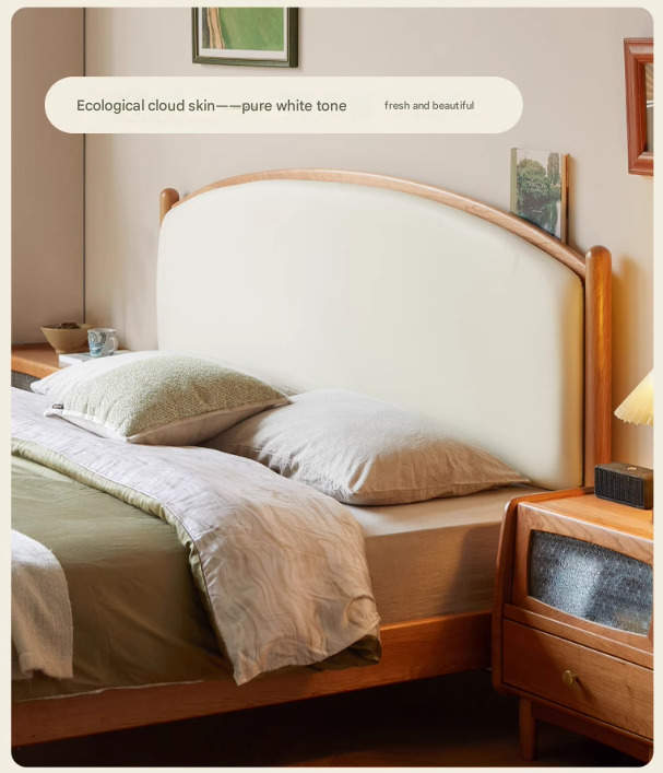 Cherry Solid Wood Bed Technology Сloth Cream Style