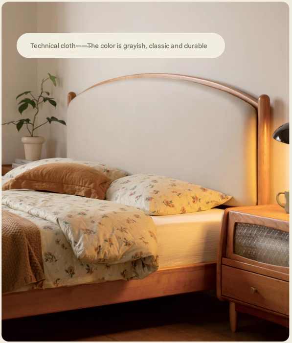 Cherry Solid Wood Bed Technology Сloth Cream Style