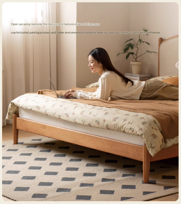 Cherry Solid Wood Bed Technology Сloth Cream Style