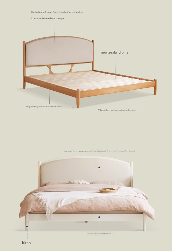 Cherry Solid Wood Bed Technology Сloth Cream Style