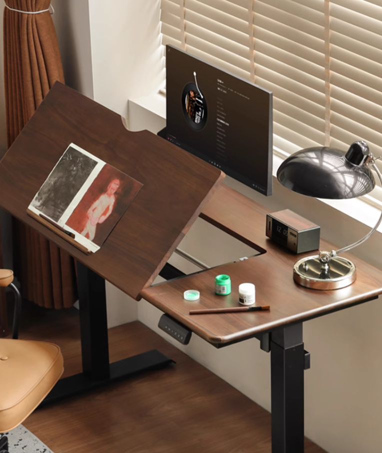 Black Walnut, Oak Solid Wood Light Luxury Style Electric Lift Table.