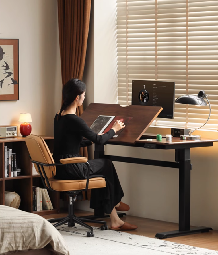 Black Walnut, Oak Solid Wood Light Luxury Style Electric Lift Table.