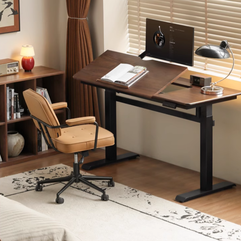 Black Walnut, Oak Solid Wood Light Luxury Style Electric Lift Table.