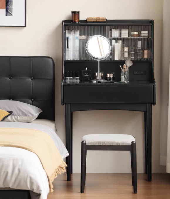 Solid Rubberwood Retro Multifunctional Dressing Table Storage Rack Integrated.