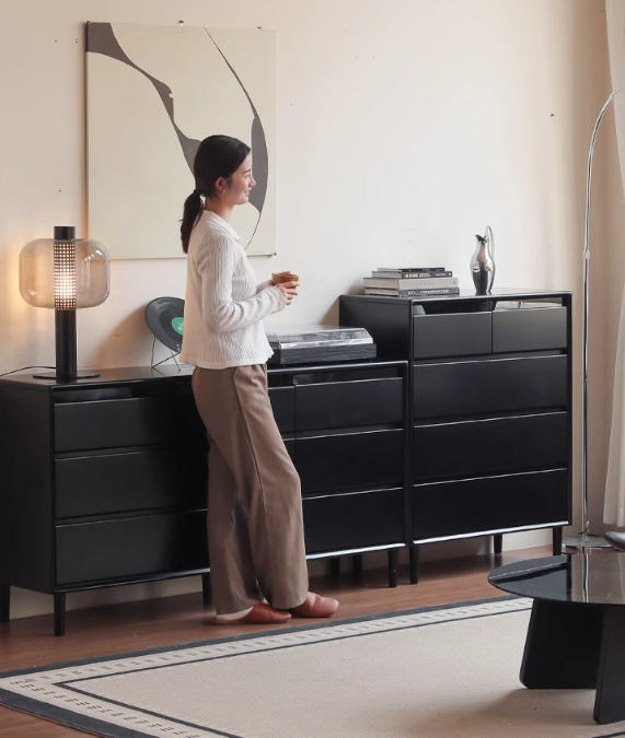 Rubber Solid Wood Modern Black Drawer Cabinet