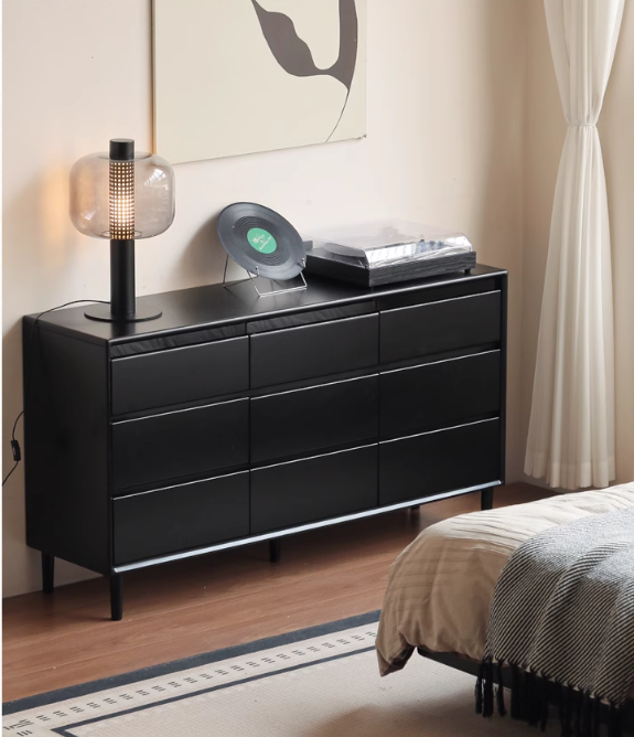 Rubber Solid Wood Modern Black Drawer Cabinet