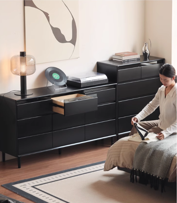 Rubber Solid Wood Modern Black Drawer Cabinet