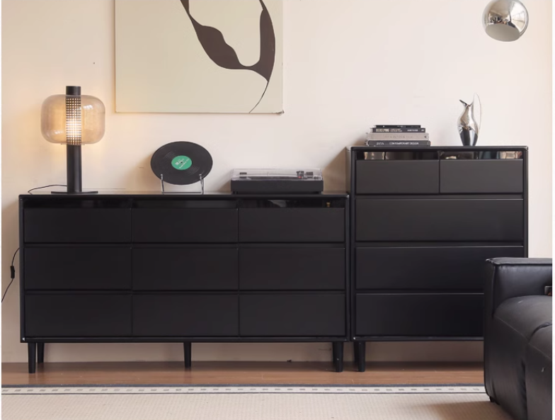 Rubber Solid Wood Modern Black Drawer Cabinet