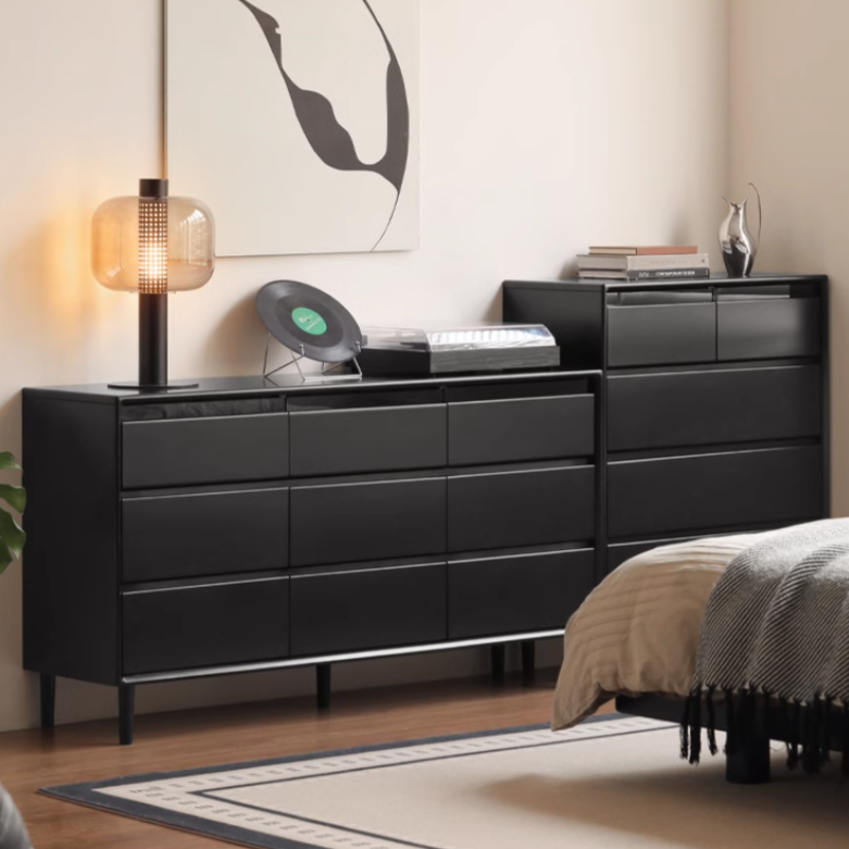 Rubber Solid Wood Modern Black Drawer Cabinet