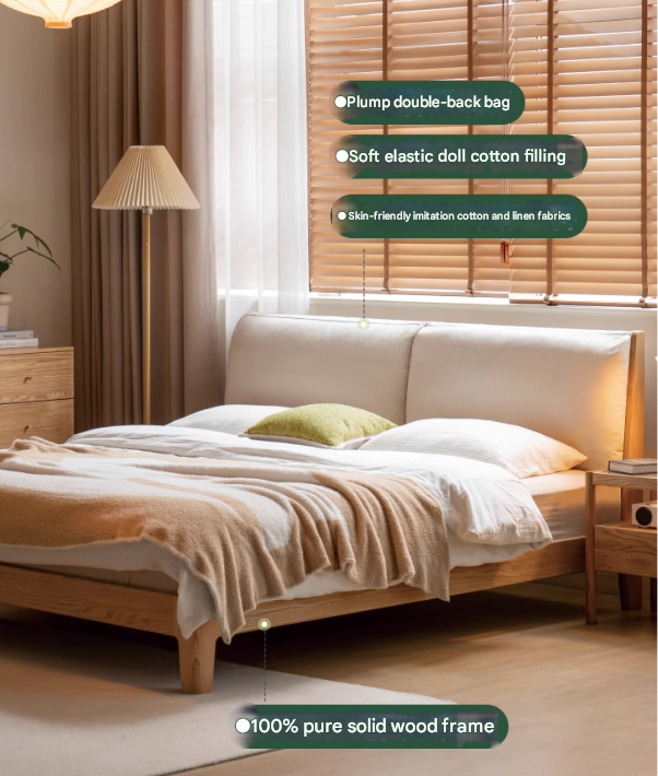 Beech, Oak, Black Walnut Solid Wood Fabric Soft Bed