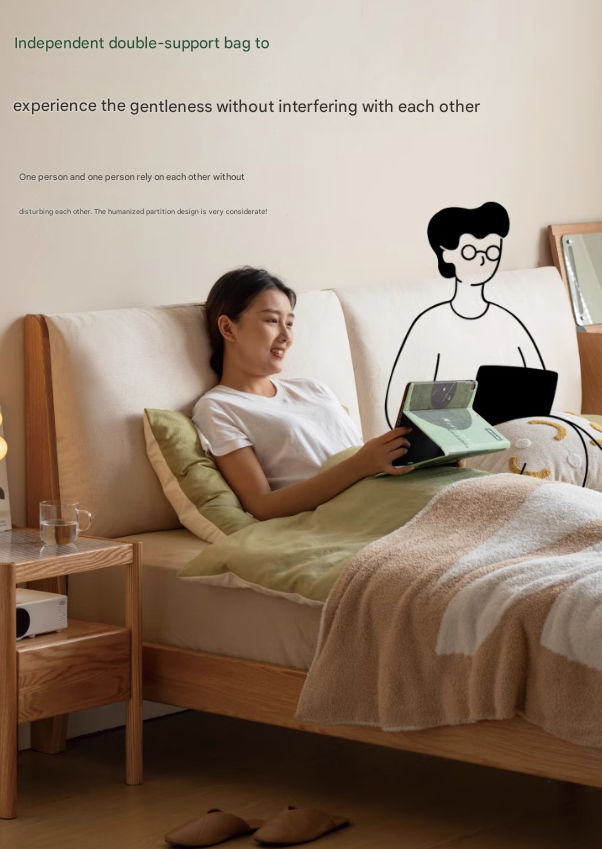 Beech, Oak, Black Walnut Solid Wood Fabric Soft Bed