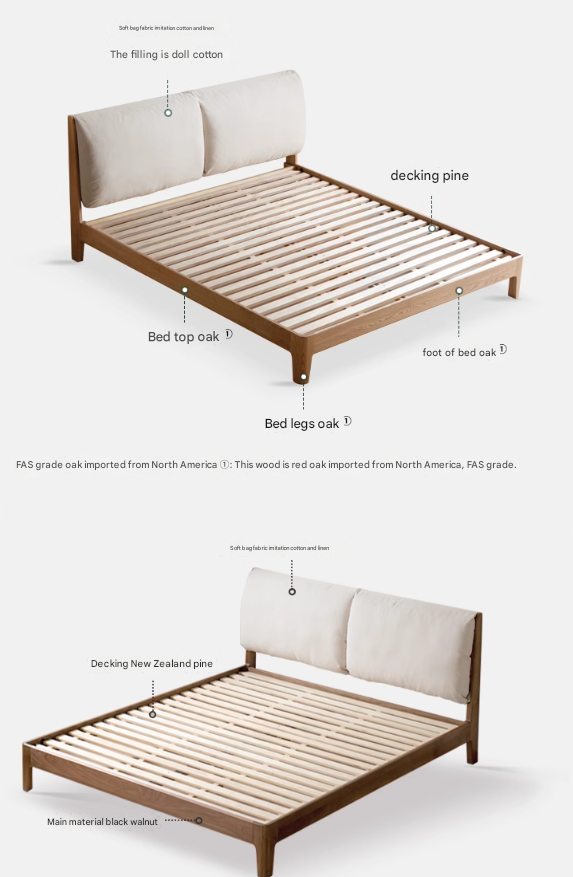 Beech, Oak, Black Walnut Solid Wood Fabric Soft Bed