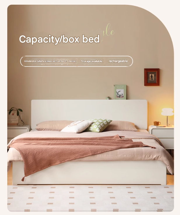 Poplar, Rubber Wood Solid Wood Box Bed, Cream Storage Bed