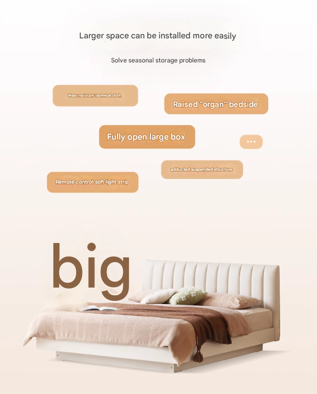 Oak, Rubber Wood Solid Wood Cream Technical Fabric Suspended Box Storage Bed