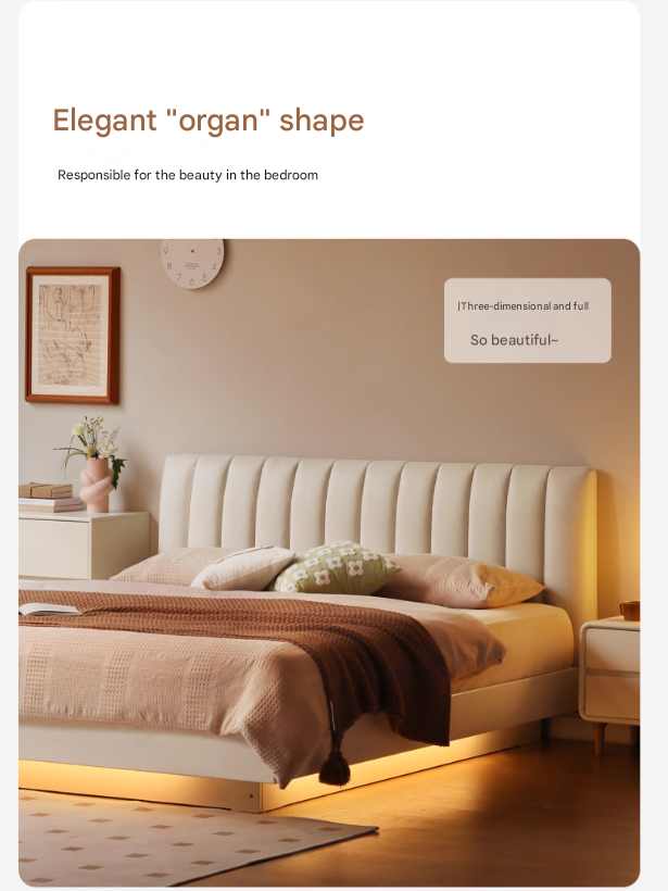 Oak, Rubber Wood Solid Wood Cream Technical Fabric Suspended Box Storage Bed