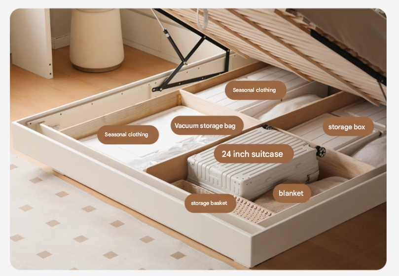 Oak, Rubber Wood Solid Wood Cream Technical Fabric Suspended Box Storage Bed