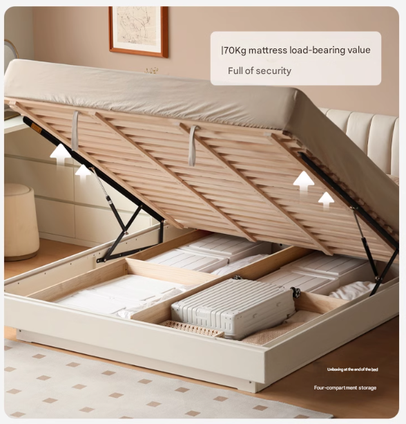 Oak, Rubber Wood Solid Wood Cream Technical Fabric Suspended Box Storage Bed