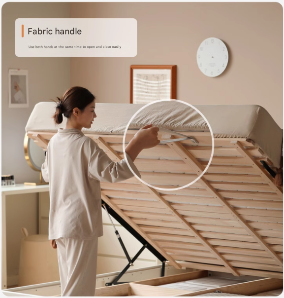 Oak, Rubber Wood Solid Wood Cream Technical Fabric Suspended Box Storage Bed