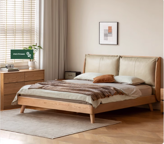 Oak Solid Wood Top Grain Leather, Technical Cloth ,Fabric Bed