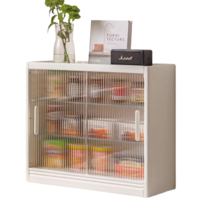 Solid Rubberwood Desktop Storage Cabinet Glass Sliding Door