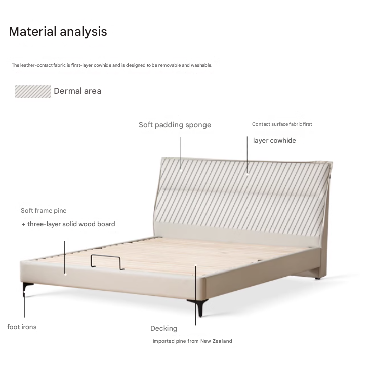 Genuine Leather Bed Cream First Layer Cowhide High Backrest Bed