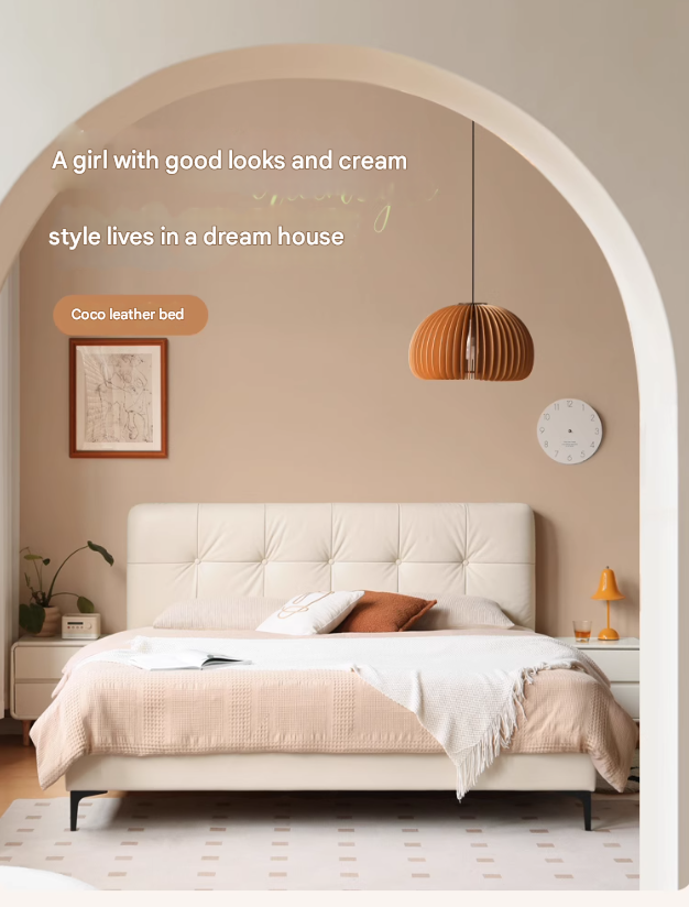 Genuine Leather Light Luxury Bed, Cream Style