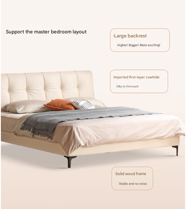Genuine Leather, Ecological Cloud Leather Bed Cream Style Light Luxury