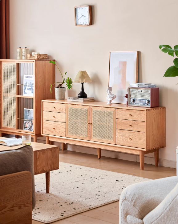 Oak Solid Wood Rattan Modern TV Cabinet.