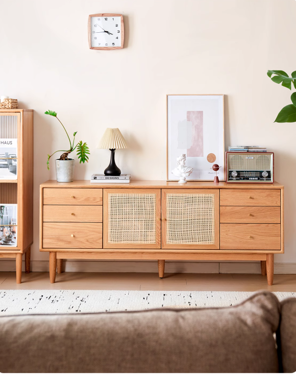 Oak Solid Wood Rattan Modern TV Cabinet.