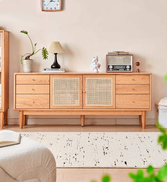 Oak Solid Wood Rattan Modern TV Cabinet.