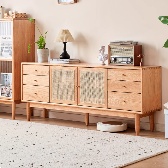 Oak Solid Wood Rattan Modern TV Cabinet.