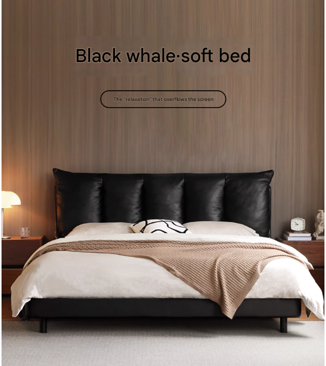 First layer of yellow cowhide Italian light luxury black Bed