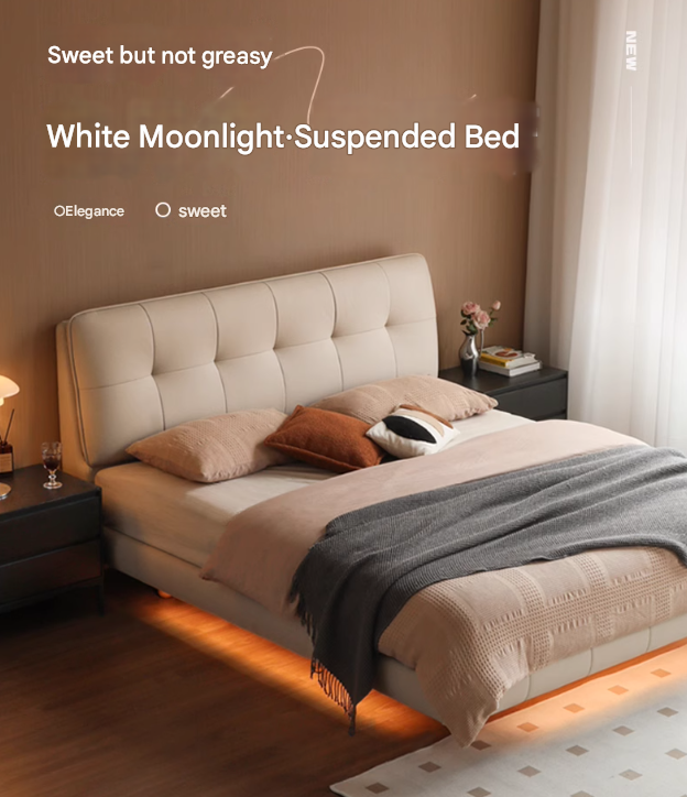 Fabric genuine leather soft bed puff cream style with light bed
