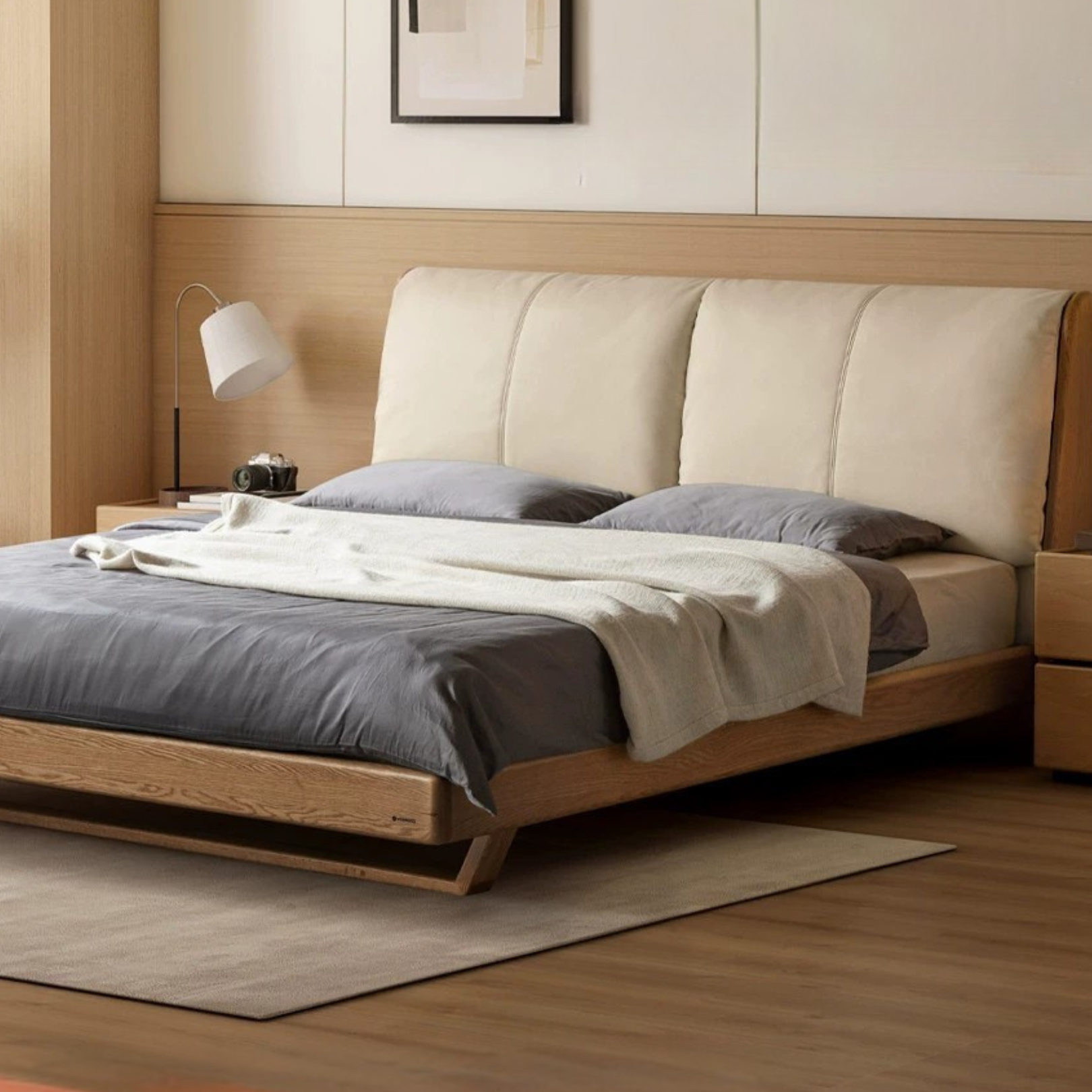 Oak, Ash Solid Wood Leather Soft Suspended Bed Italian Light Luxury
