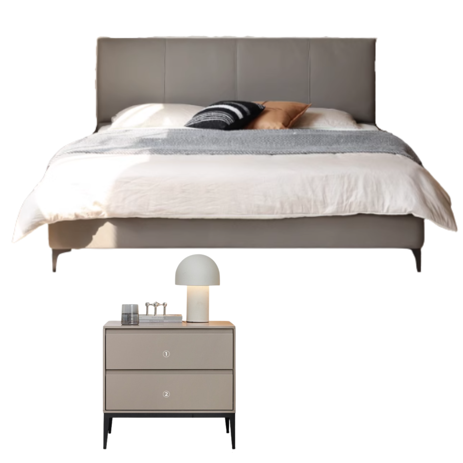 Genuine Leather Cowhide Bed Light Luxury Style Bedroom Complete Set of Furniture.