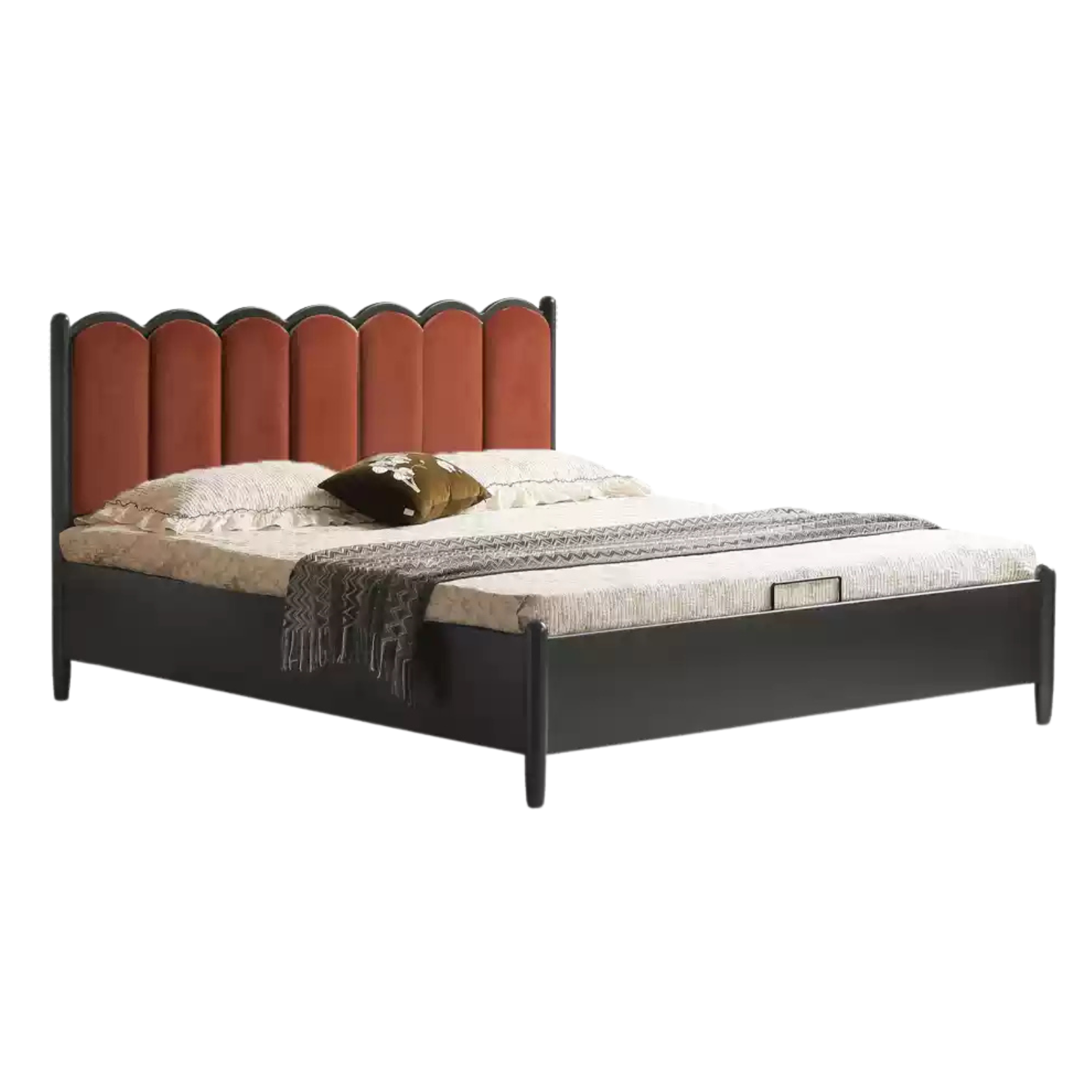 Rubber wood, Poplar Solid Wood Bed French Retro Style Black Harp Bed