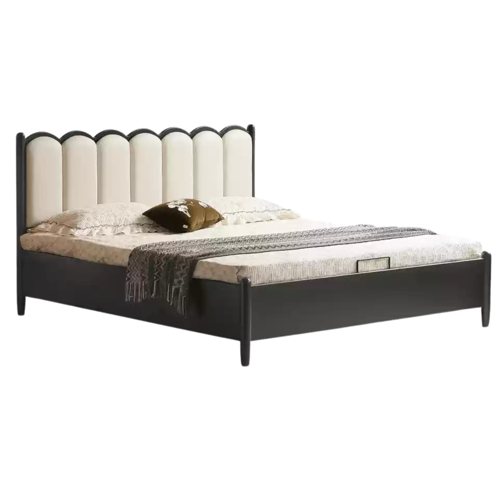 Rubber wood, Poplar Solid Wood Bed French Retro Style Black Harp Bed