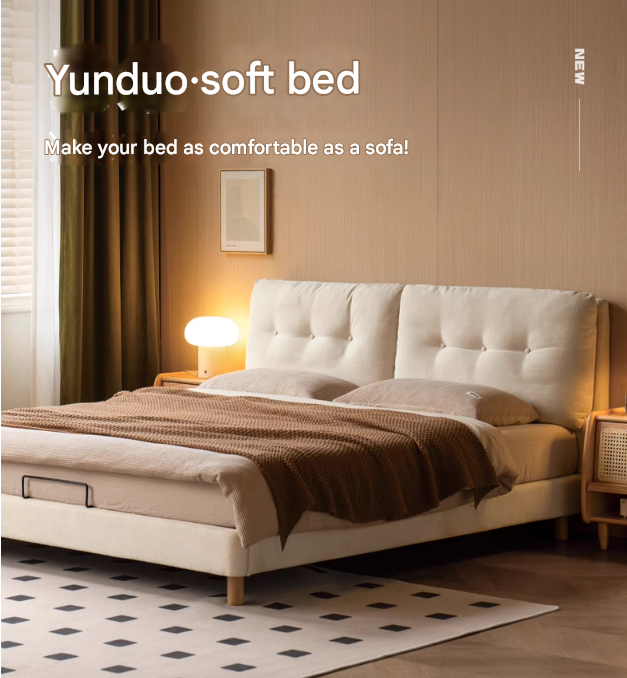 Fabric Soft Bed White Cream Style