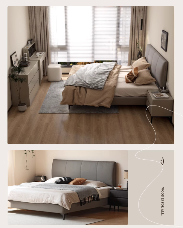 Genuine Leather Cowhide Bed Light Luxury Style Bedroom Complete Set of Furniture.
