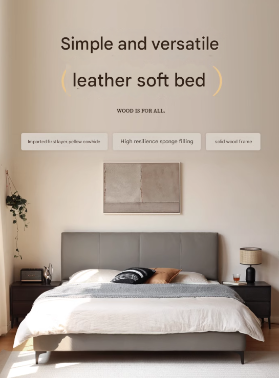 Genuine Leather Cowhide Bed Light Luxury Style Bedroom Complete Set of Furniture.