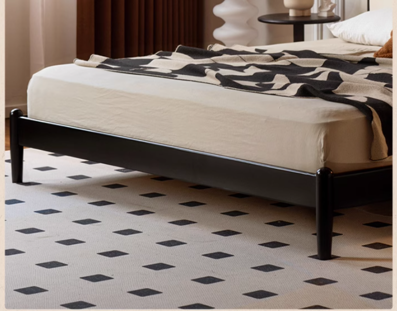 Rubber wood, Poplar Solid Wood Bed French Retro Style Black Harp Bed