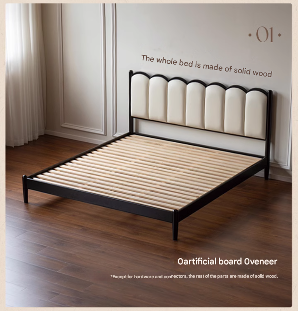 Rubber wood, Poplar Solid Wood Bed French Retro Style Black Harp Bed